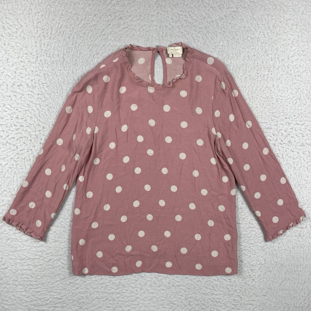 Kate Spade Polka Dot Blouse Women 4 Pink Ruffle Neck‎ 3/4 Sleeve Viscose Top